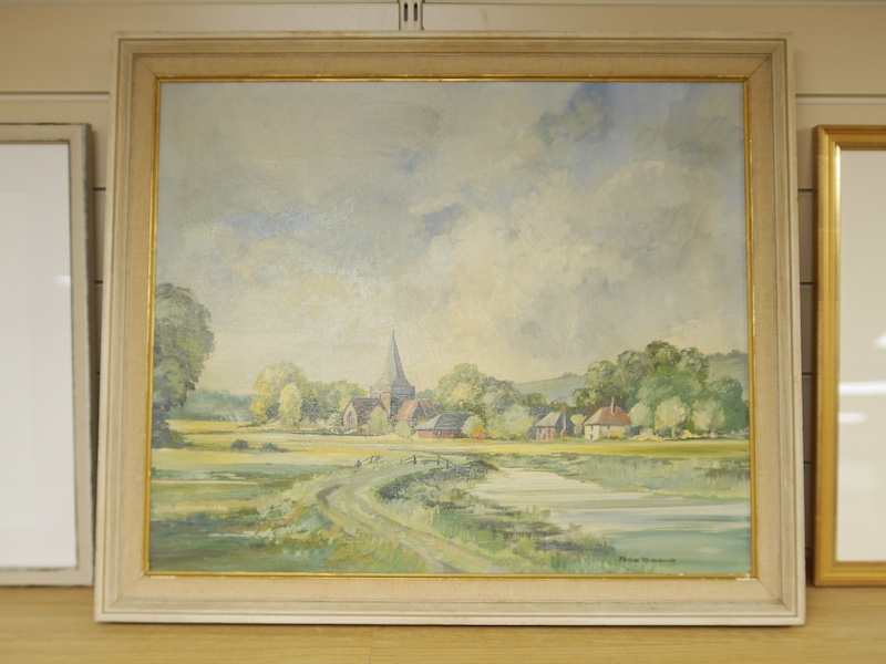 Peter Robbins, three works comprising an oil on canvas and two ink and watercolours, Alfriston views, each signed, one dated 1980, largest 49 x 59cm. Condition - good